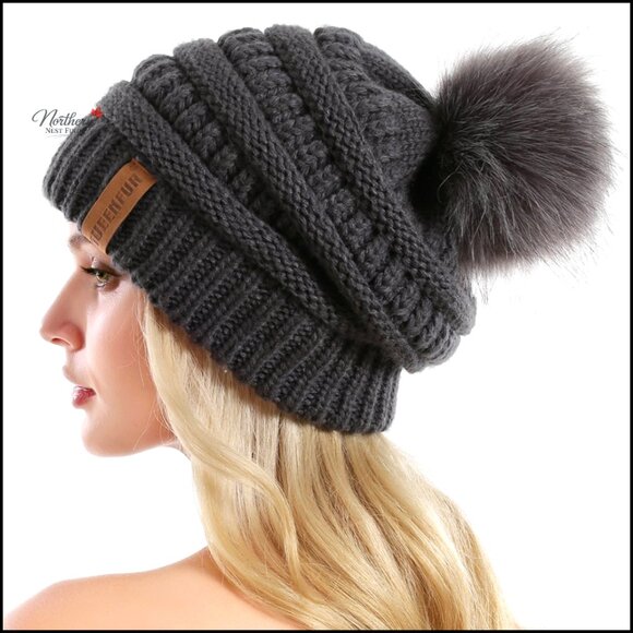 Accessories - Oversized Knit Slouchy Beanie with Removable Faux Fur Pompom Winter Hat